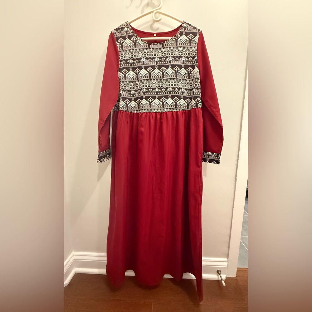 Red Geometric Print Modest Maxi Dress Long Sleeve Boho M